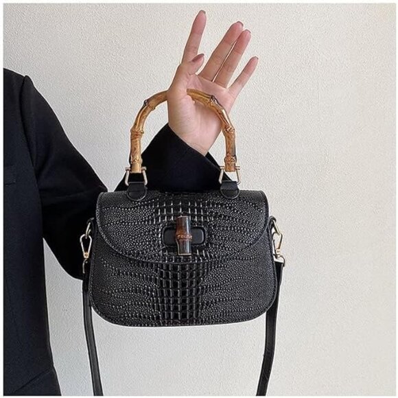 Neiman Marcus Bamboo Handle Black Crocodile Print Top Handle Bag - Picture 3 of 5